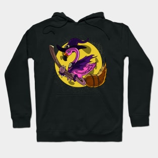 Flamingo Witch Riding Broom Halloween Hoodie